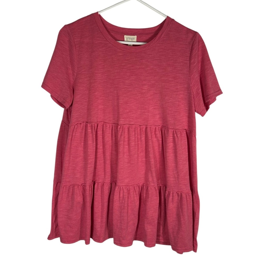 Greige Womens Large Raspberry Pink Slub Knit Tiered Babydoll Short Sleeve Top